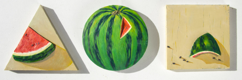 A three-piece series featuring two watermelon slices flanking one whole watermelon created by Hana Jung