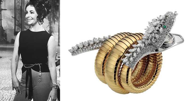 Two images side by side: one of Elizabeth Taylor wearing a gold and silver serpent bracelet, and the other showing the bracelet close up