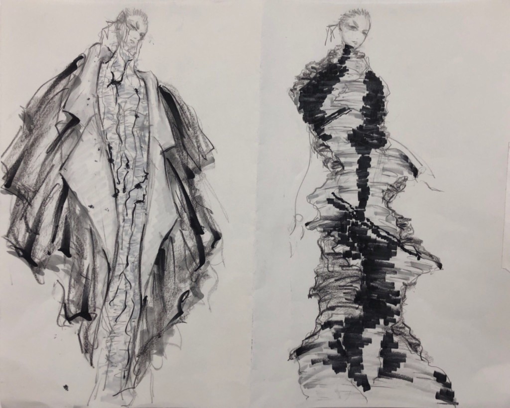 Two billowing outfit sketches in black marker