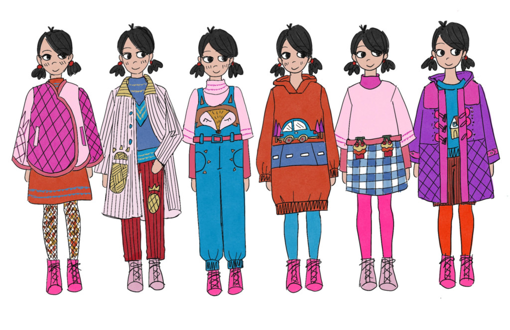 Six brightly colored outfit designs by Aya Chang