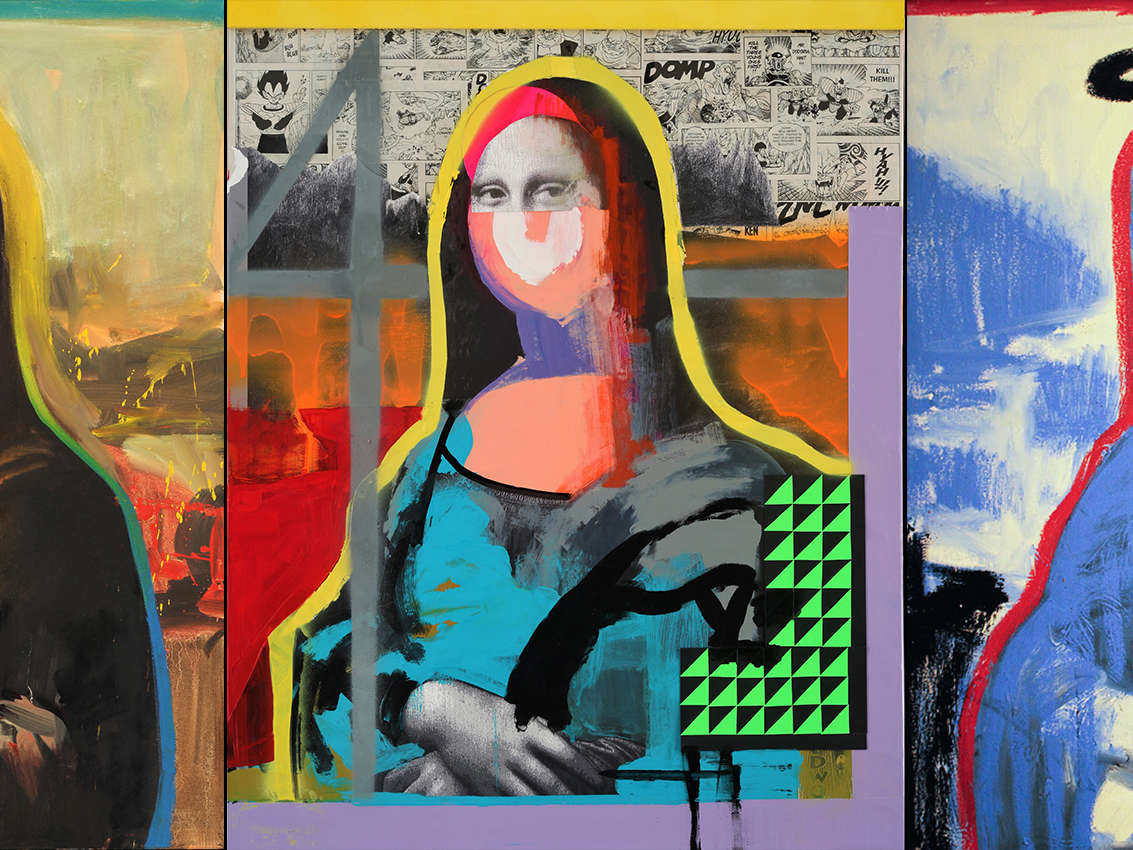 Three images of Mona Lisa painted in bright, popping colors