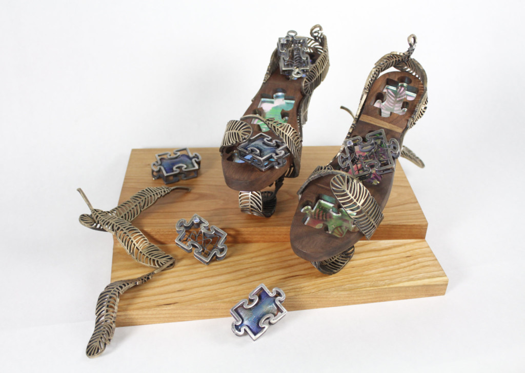 Metal sculpture of shoe and leaves by Academy student Sabrina Hsu