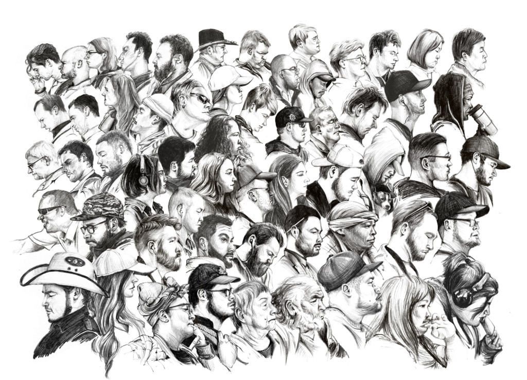 A pencil sketch depicting the busts of many kinds of people all together.