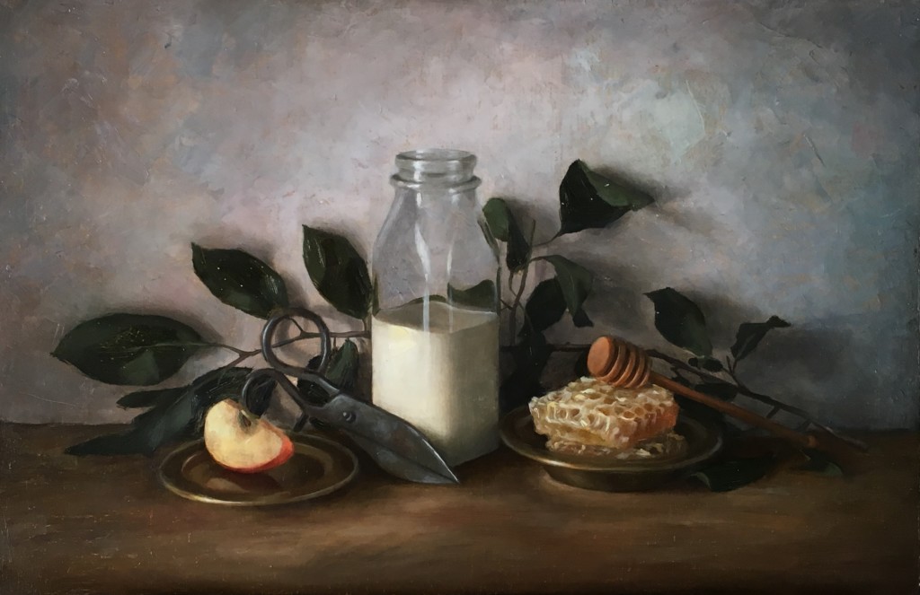 An oil painting of an apple, bottle of milk, and honeycomb.