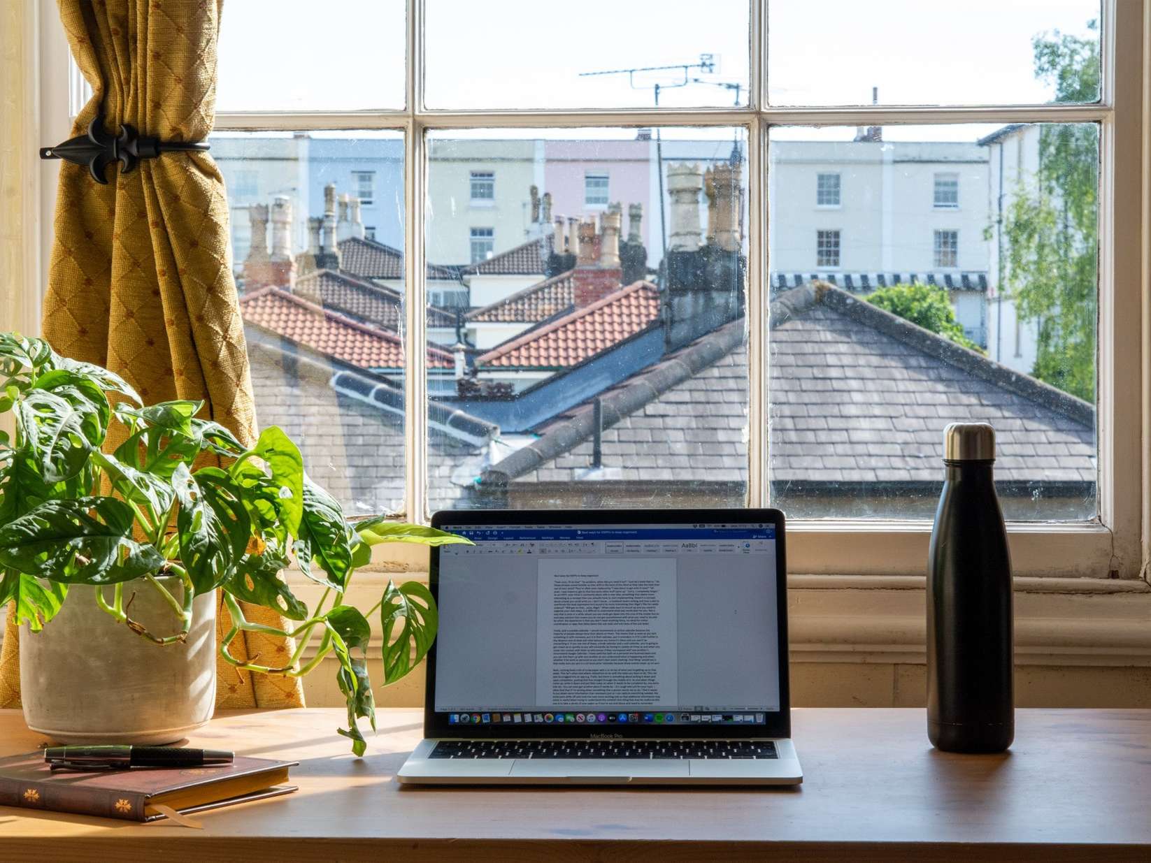 Work-at-home desk space with computer, potted plant and water bottle in front of a window in daytime