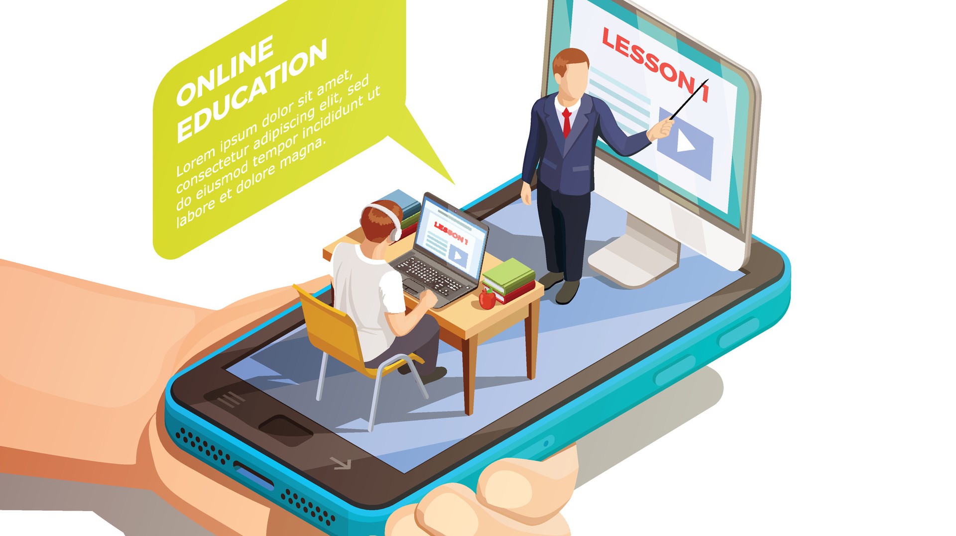 Cartoon of a teacher teaching a student, sitting on top of a cell phone screen